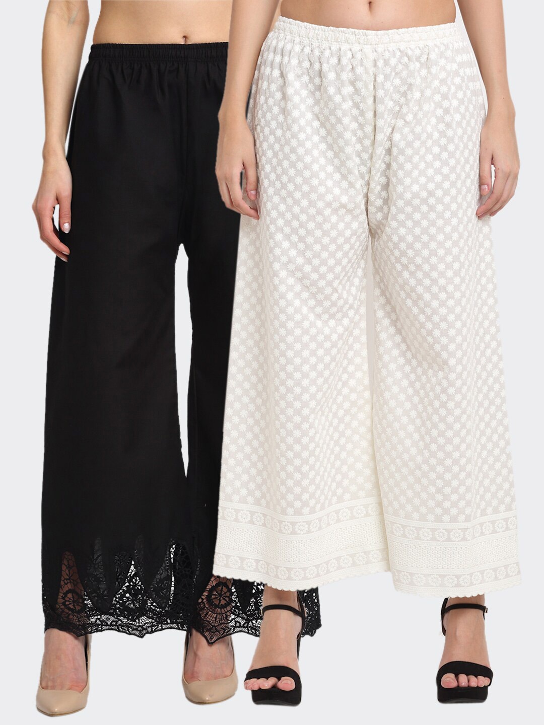 

Miaz Lifestyle Women Black & Cream Embroidered 2 Flared Palazzos