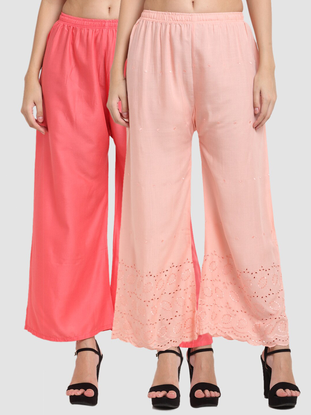 

Miaz Lifestyle Women Coral Red & Peach-Coloured 2 Flared Palazzos