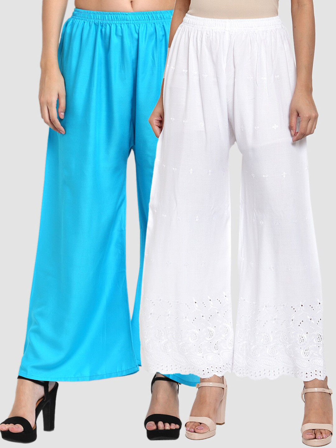 

Miaz Lifestyle Women Blue & White Pack of 2 Floral Embroidered Ethnic Palazzos