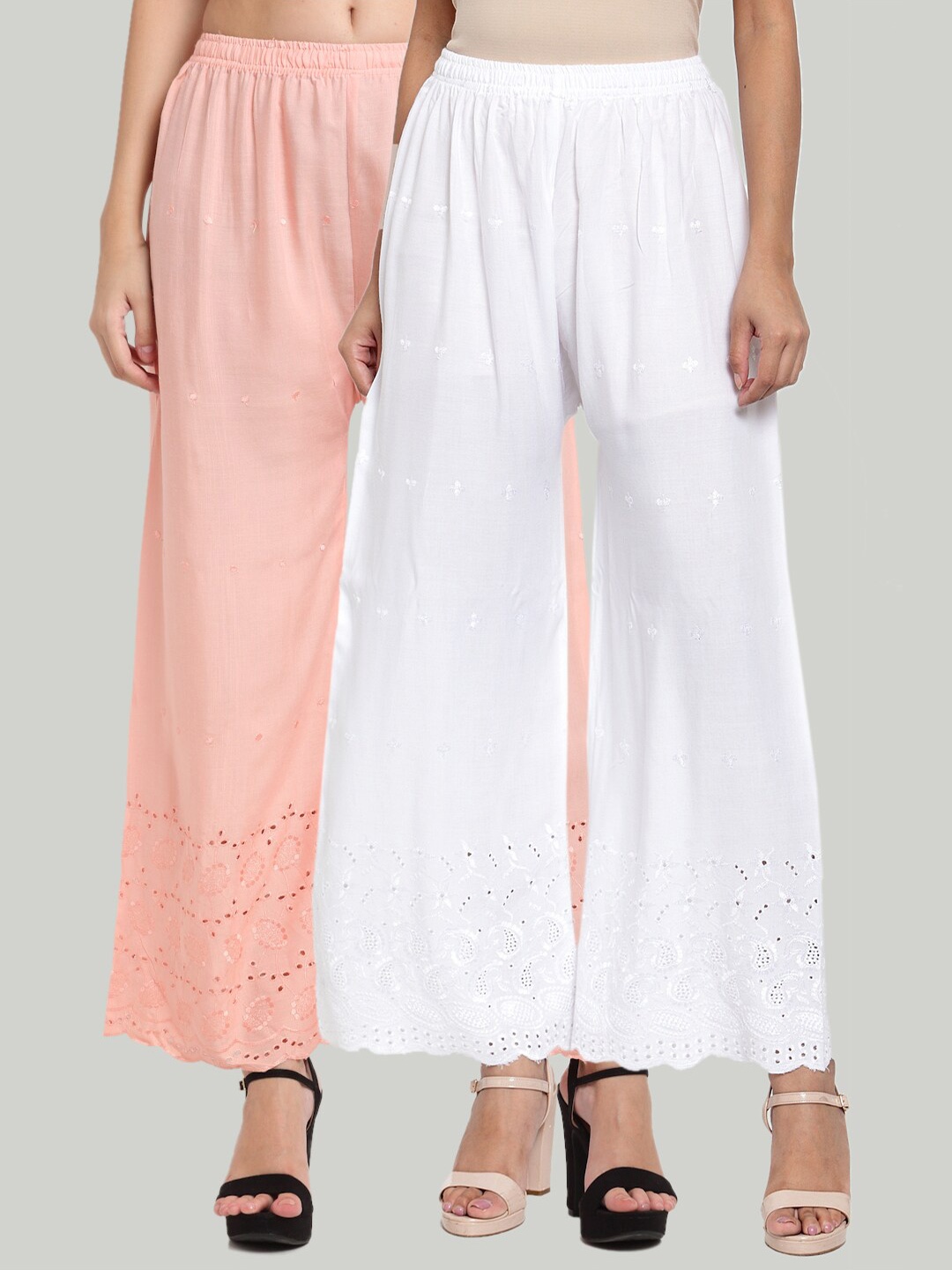 

Miaz Lifestyle Women Pack of 2 Peach-Coloured & White Floral Embroidered Palazzos