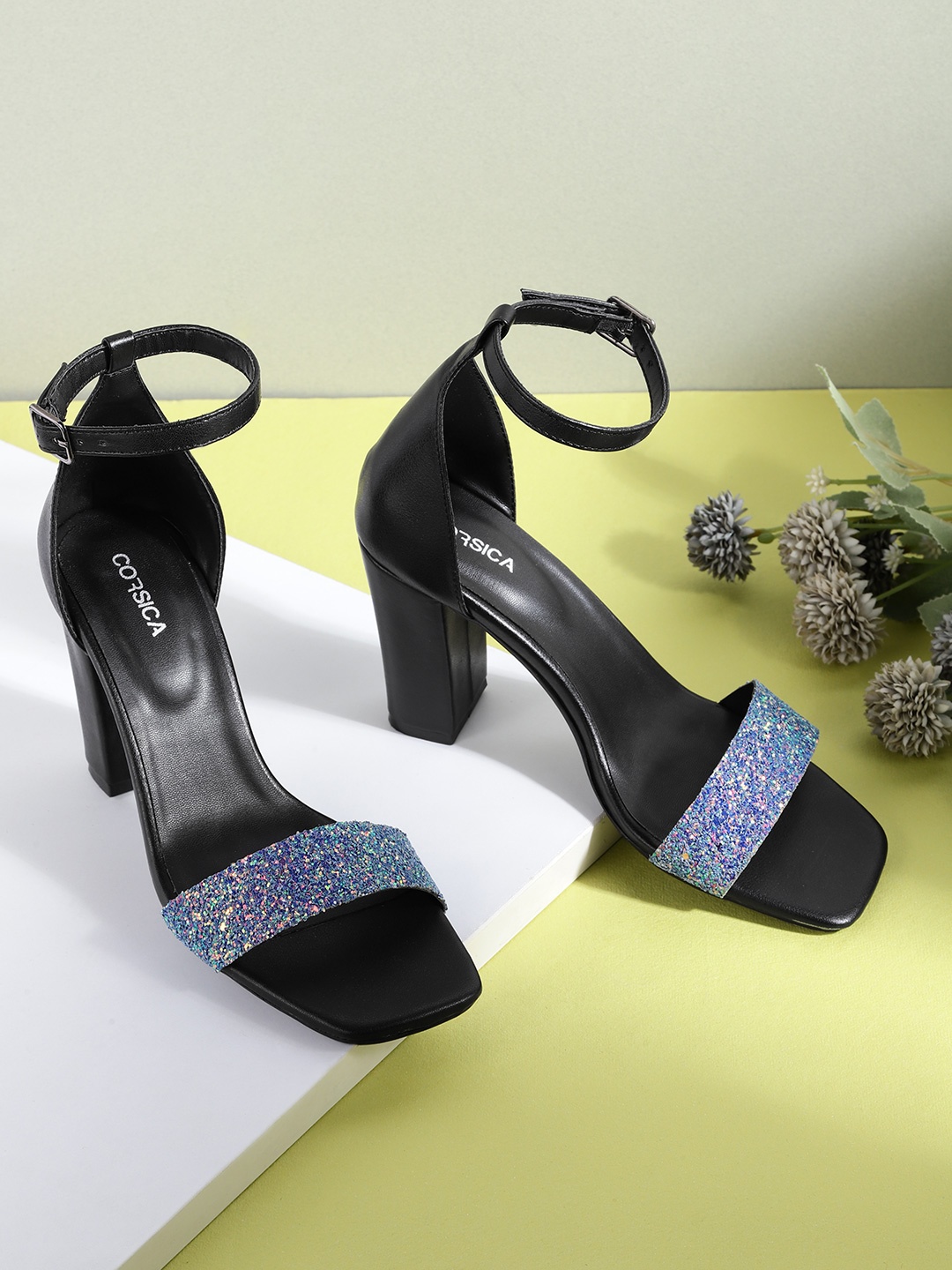 

CORSICA Blue & Black Embellished Ankle Loop Block Sandals