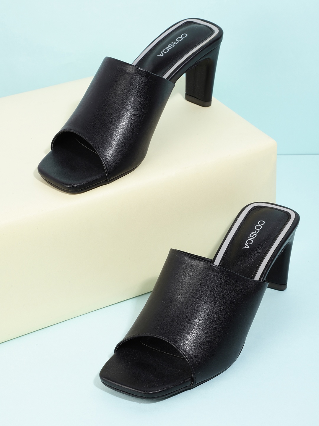 

CORSICA Black Solid Open Toe Block Heels