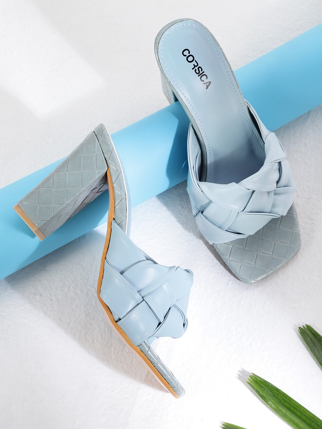 

CORSICA Blue Block Braided Woven Design Block Heels