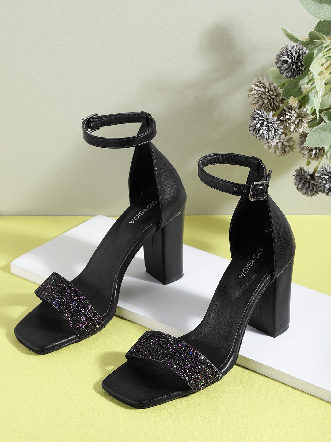 

CORSICA Black Embellished Party Block Heels