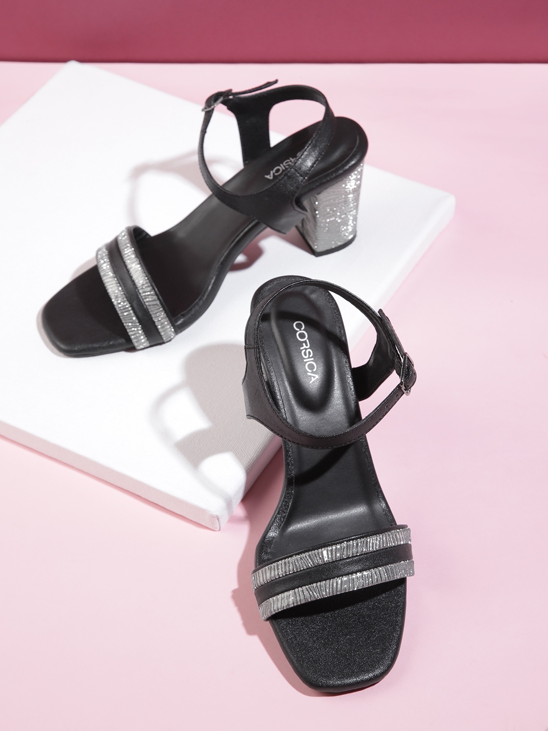 

CORSICA Black & Silver-Toned Shimmer Detail Block Sandals