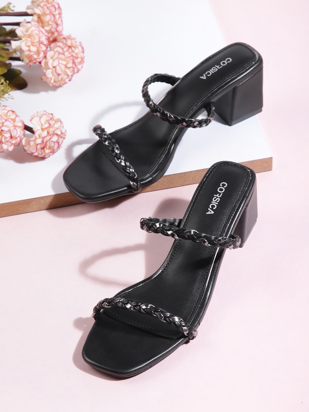 

CORSICA Black Braided Design Block Heel Sandals