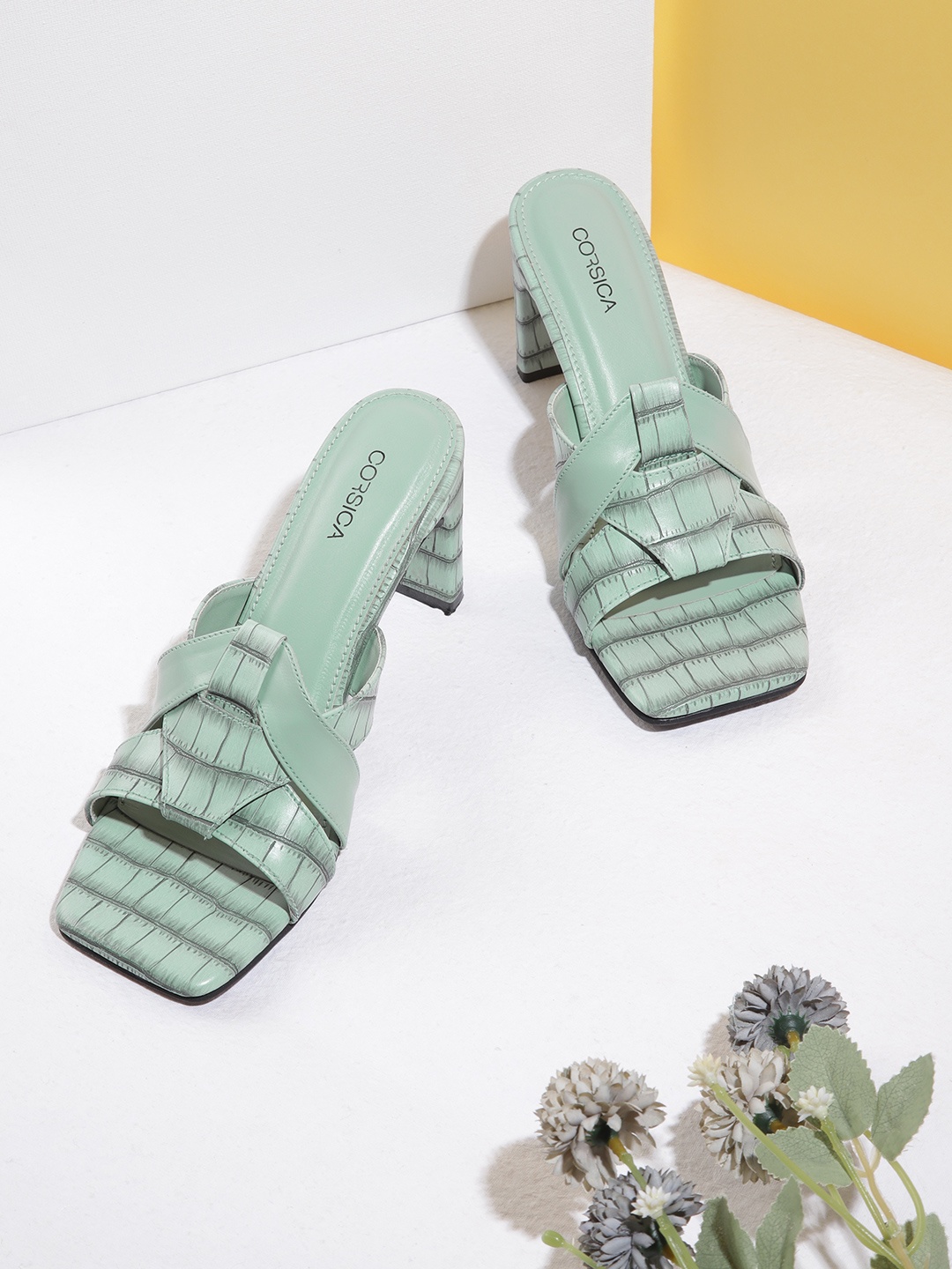 

CORSICA Mint Green Croc Textured Block Heels