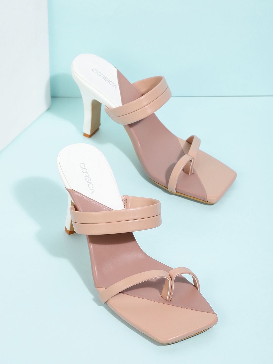 

CORSICA Nude-Coloured Solid Strappy One Toe Block Heels