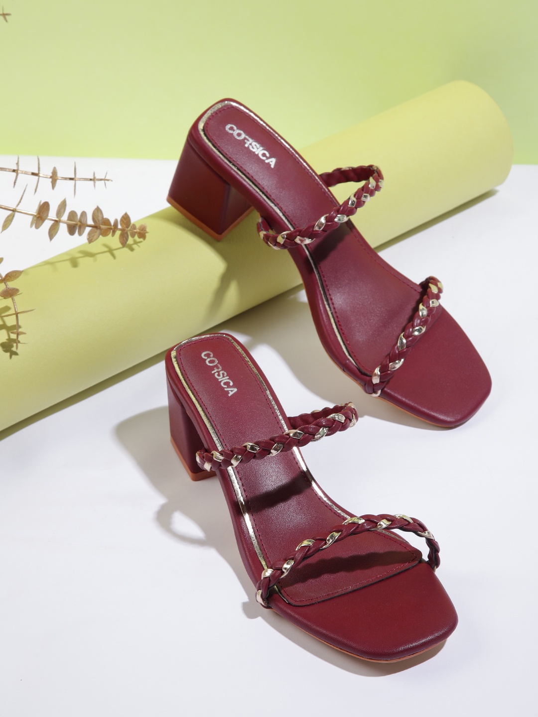 

CORSICA Maroon Braided Design Block Heel Sandals