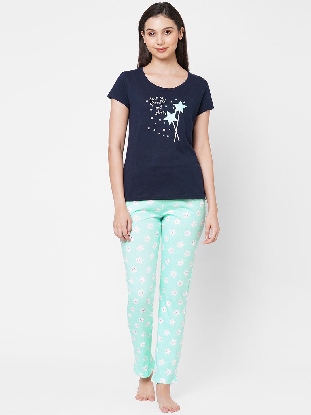 

Sweet Dreams Women Navy Blue & Turquoise Blue Printed Night suit