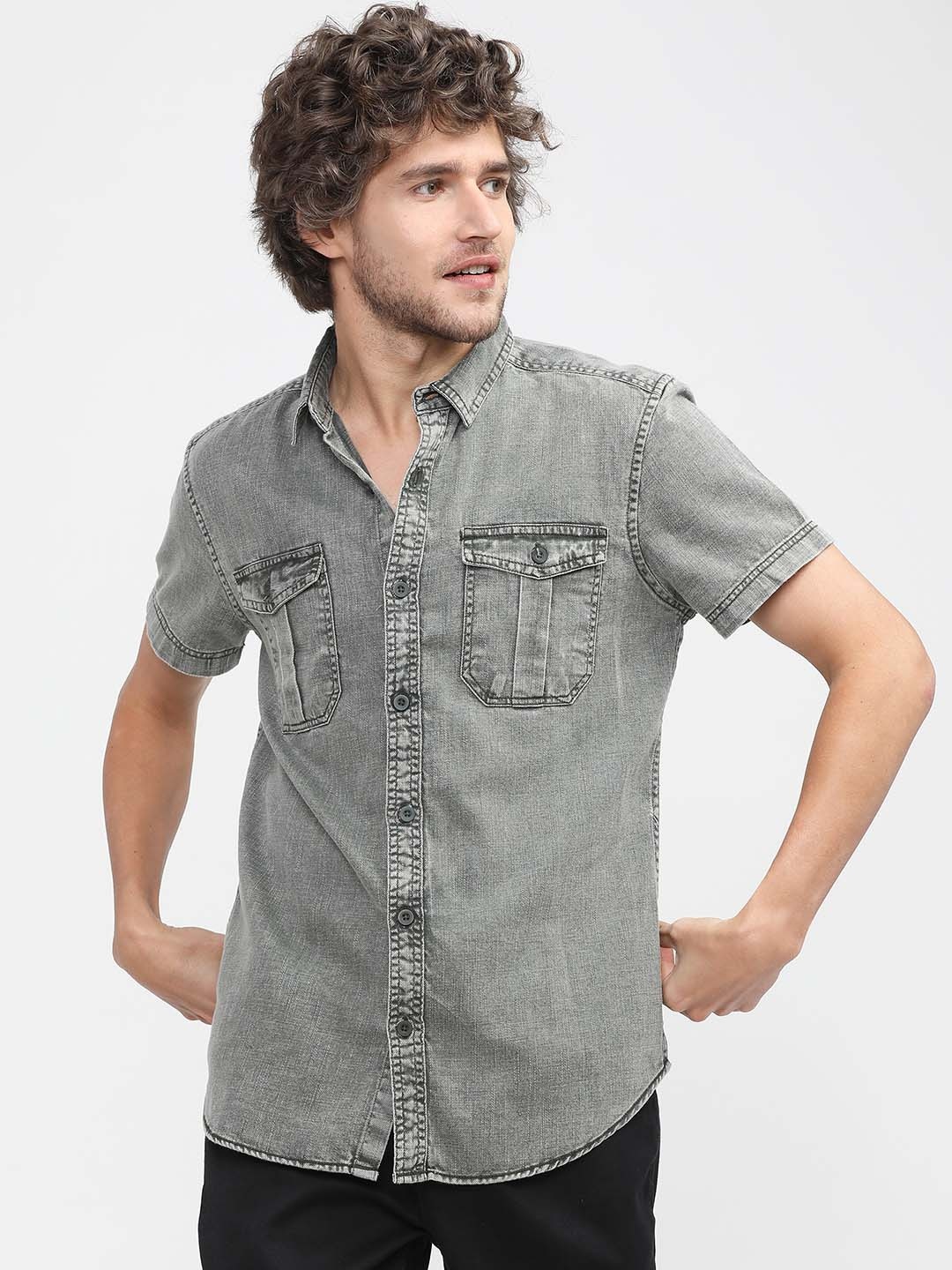 

HIGHLANDER Men Olive Green Slim Fit Opaque Faded Casual Shirt