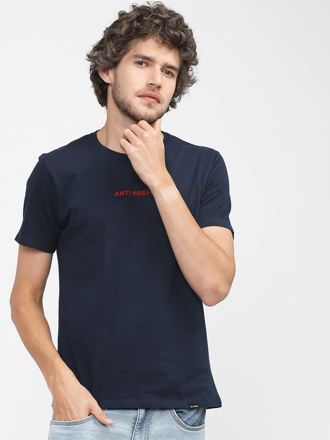 

HIGHLANDER Men Navy Blue & Red Typography Printed Slim Fit Cotton T-shirt