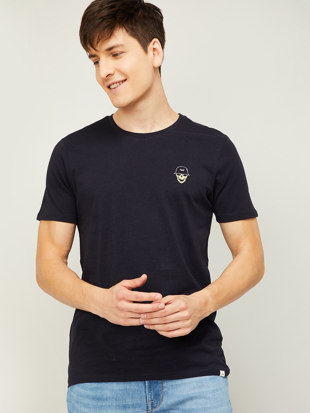 

Forca by Lifestyle Men Navy Blue & Yellow Printed Cotton T-shirt