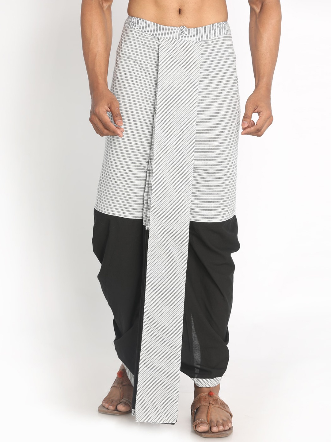 

Nakshi Men White & Black Striped Cotton Dhoti