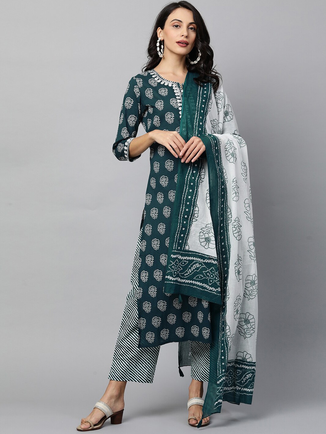 

FASHOR Women Teal Yoke Design Empire Thread Work Pure Cotton Kurti with Skirt & With Dupatta