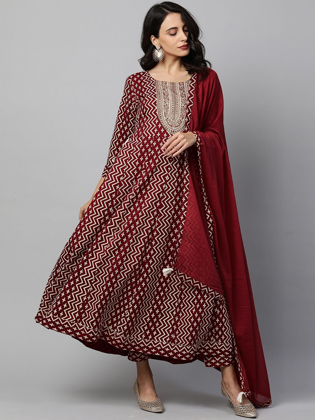 

FASHOR Women Maroon & Beige Printed Regular Kurta With Trousers & Dupatta