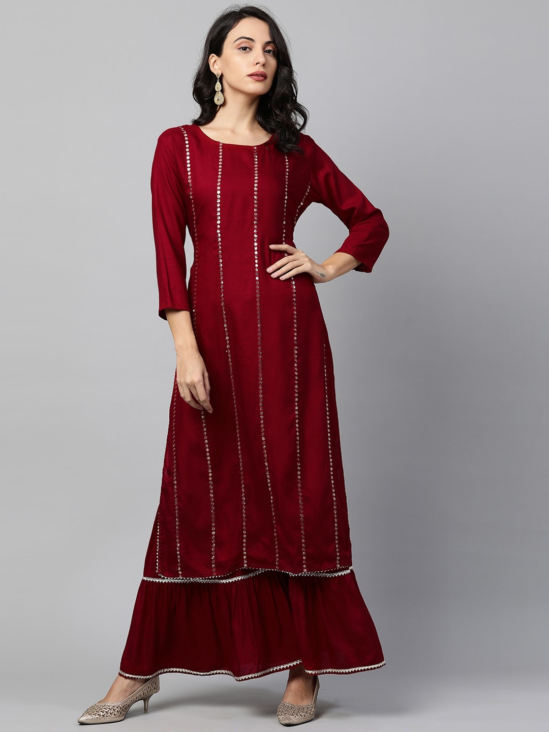 

FASHOR Women Red Bandhani Striped Panelled Sequinned Kurta with Sharara