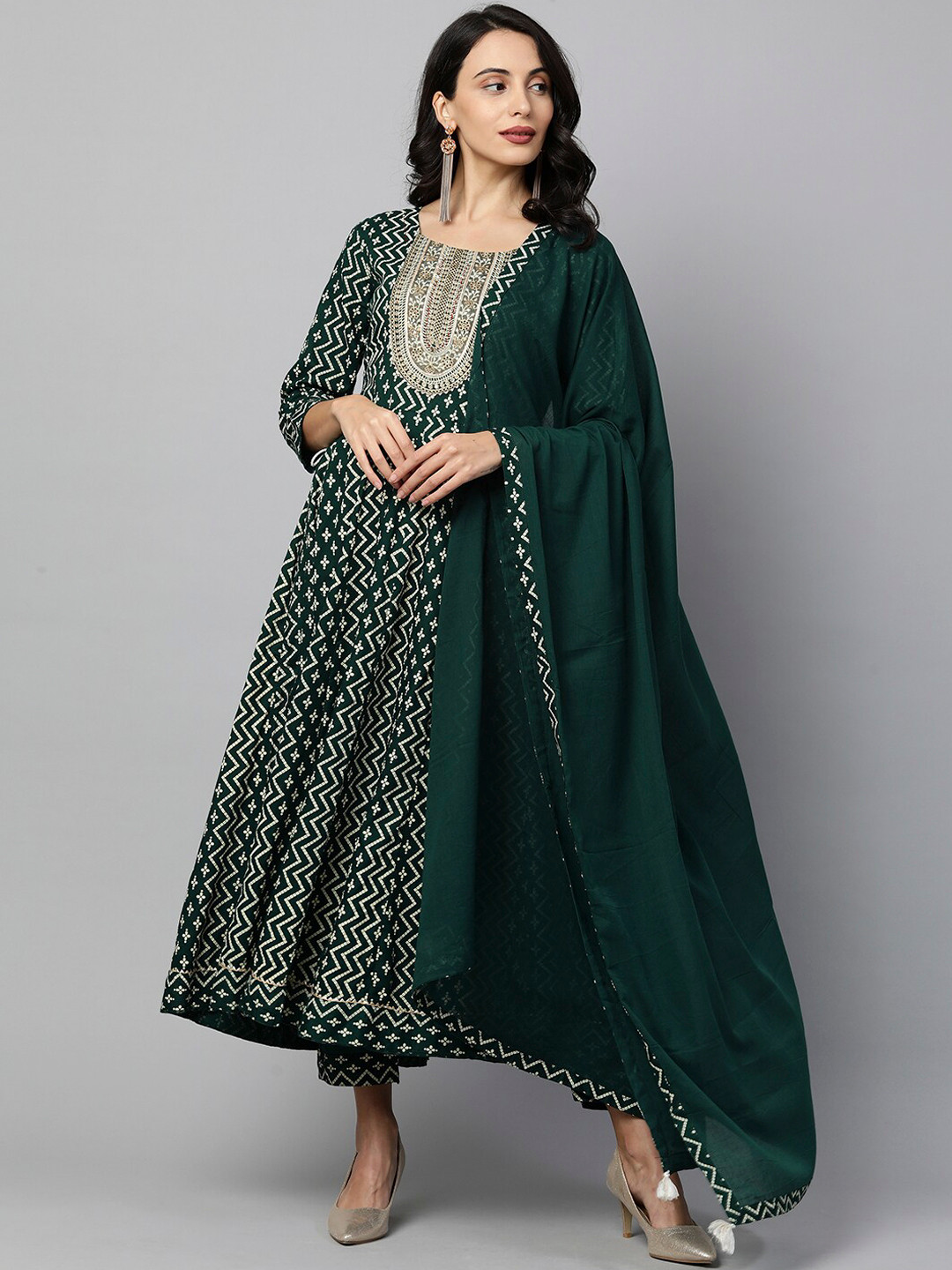 

FASHOR Women Green Printed Regular Kurta with Trousers & With Dupatta