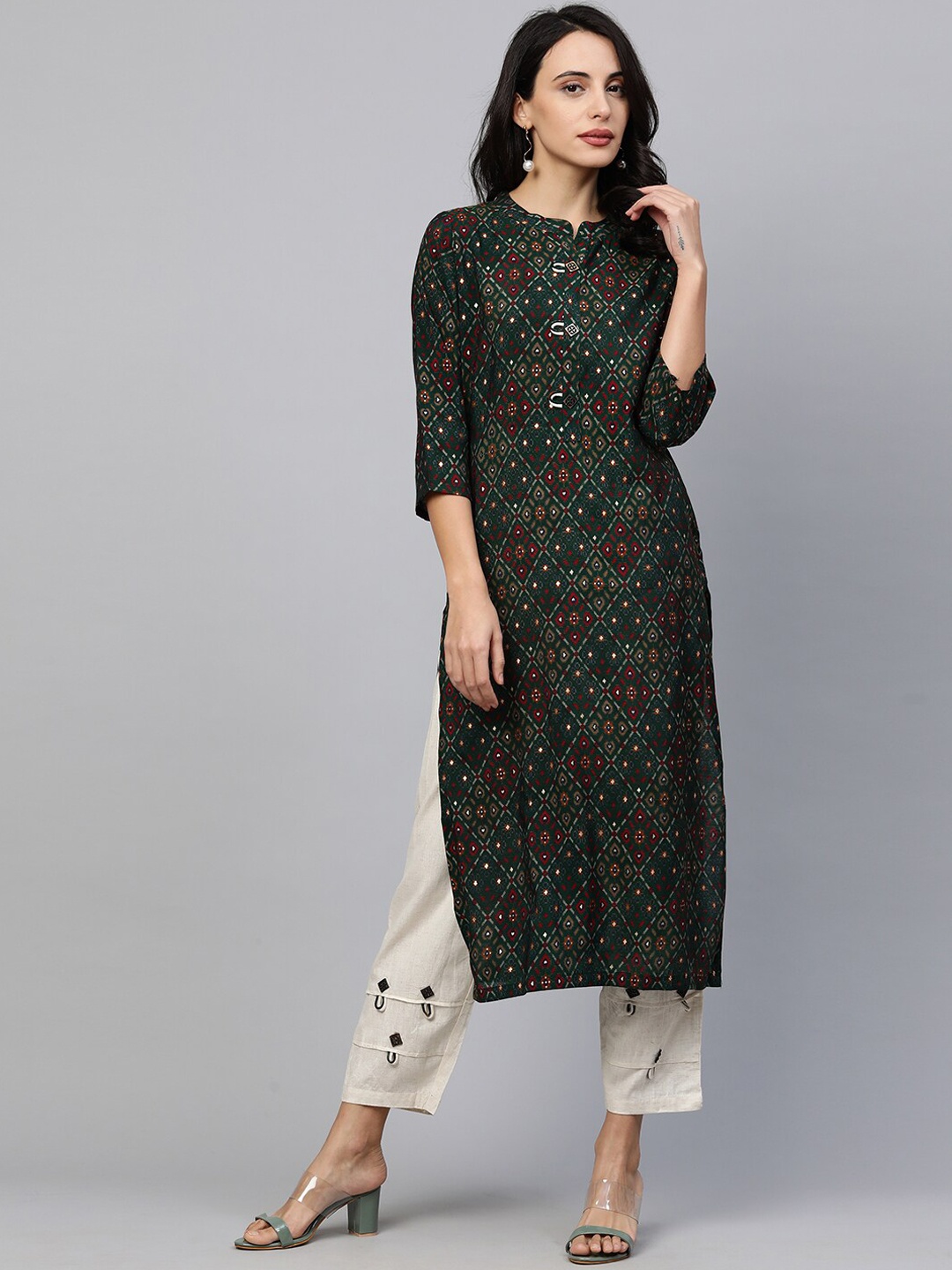 

FASHOR Women Green Ethnic Motifs Regular Kurti with Trousers