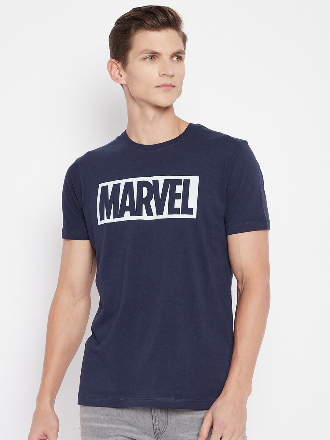 

Marvel by Wear Your Mind Men Navy Blue & White Marvel Printed Pure Cotton T-shirt