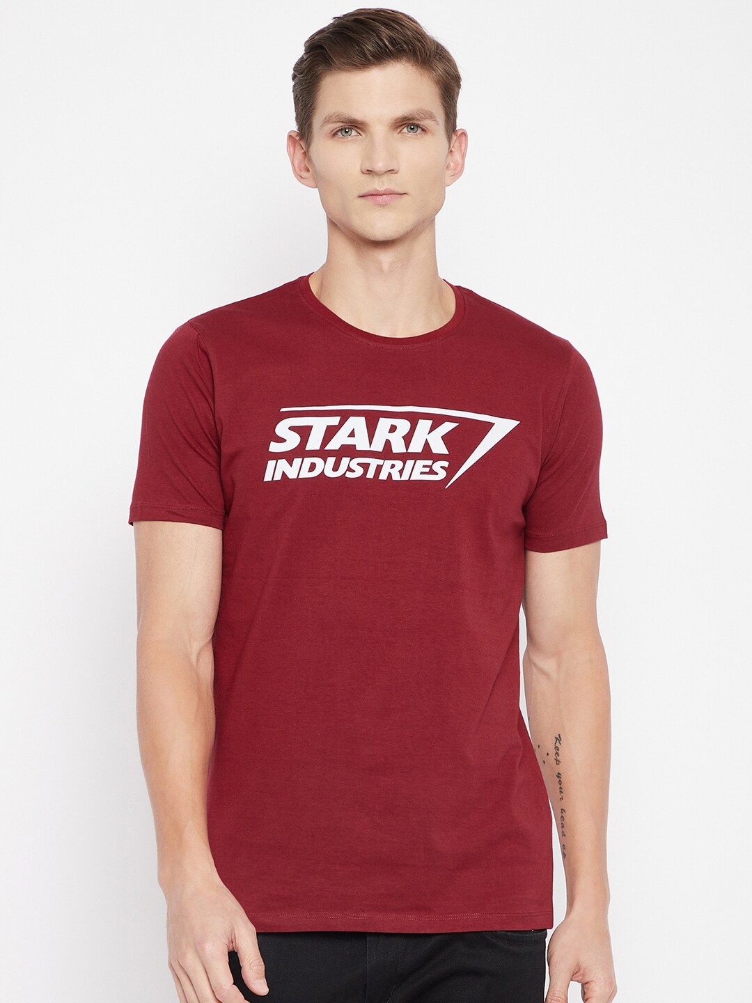 

Marvel by Wear Your Mind Men Maroon & White Iron Man Printed Pure Cotton T-shirt