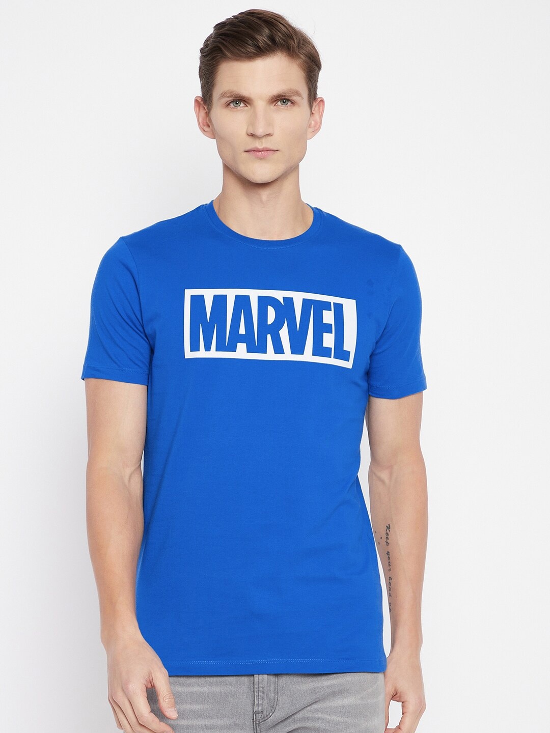 

Marvel by Wear Your Mind Men Blue Typography Printed Pockets T-shirt