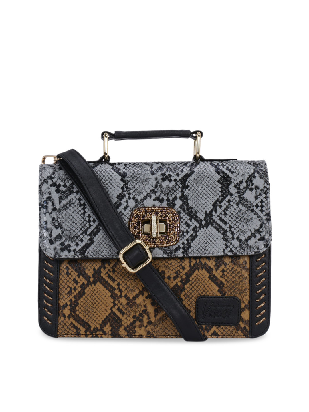 

Vdesi Grey Animal Textured PU Structured Satchel with Quilted
