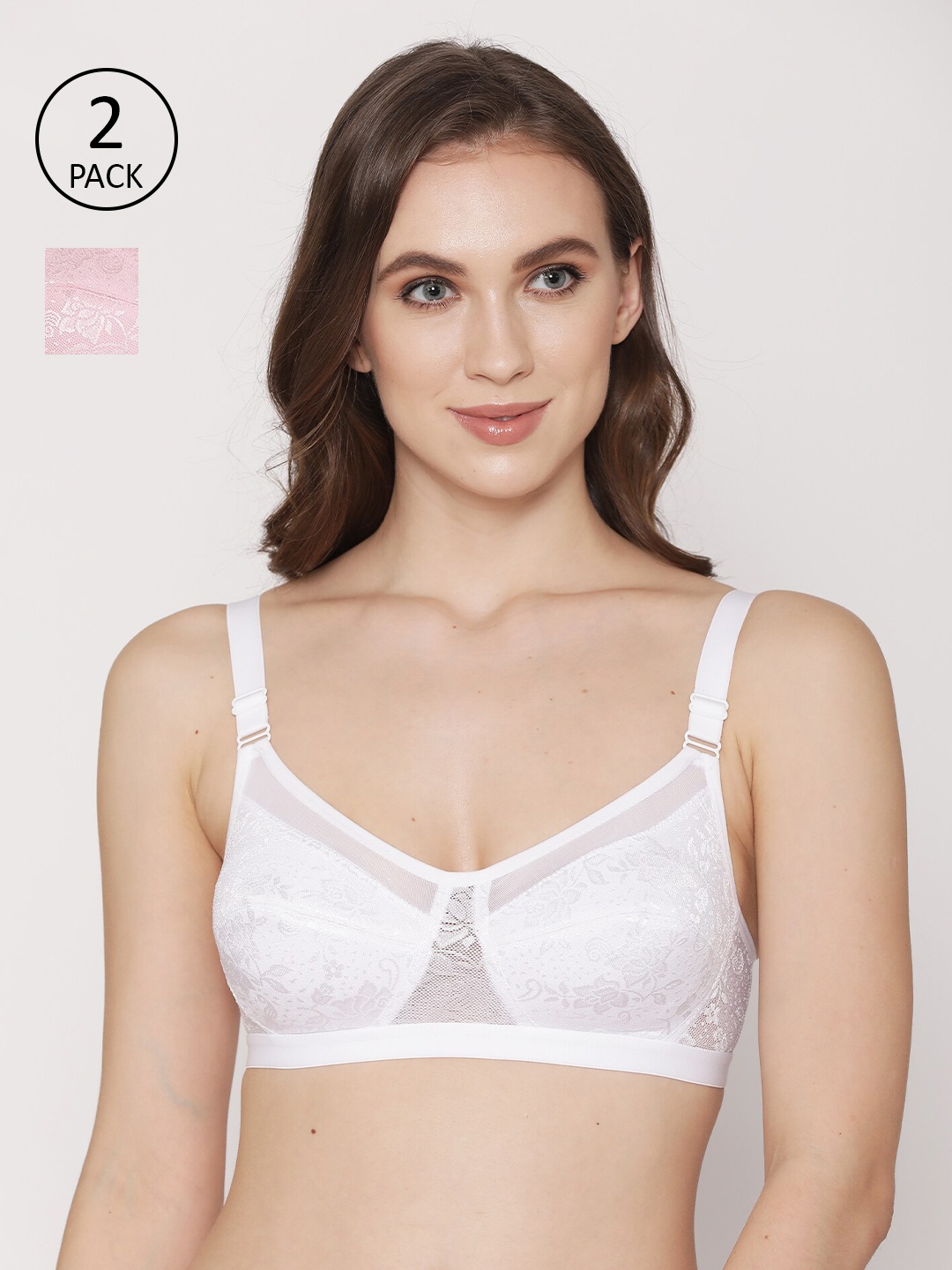 

Kalyani White & Pink Pack of 2 T-shirt Full Coverage Lacy Bra