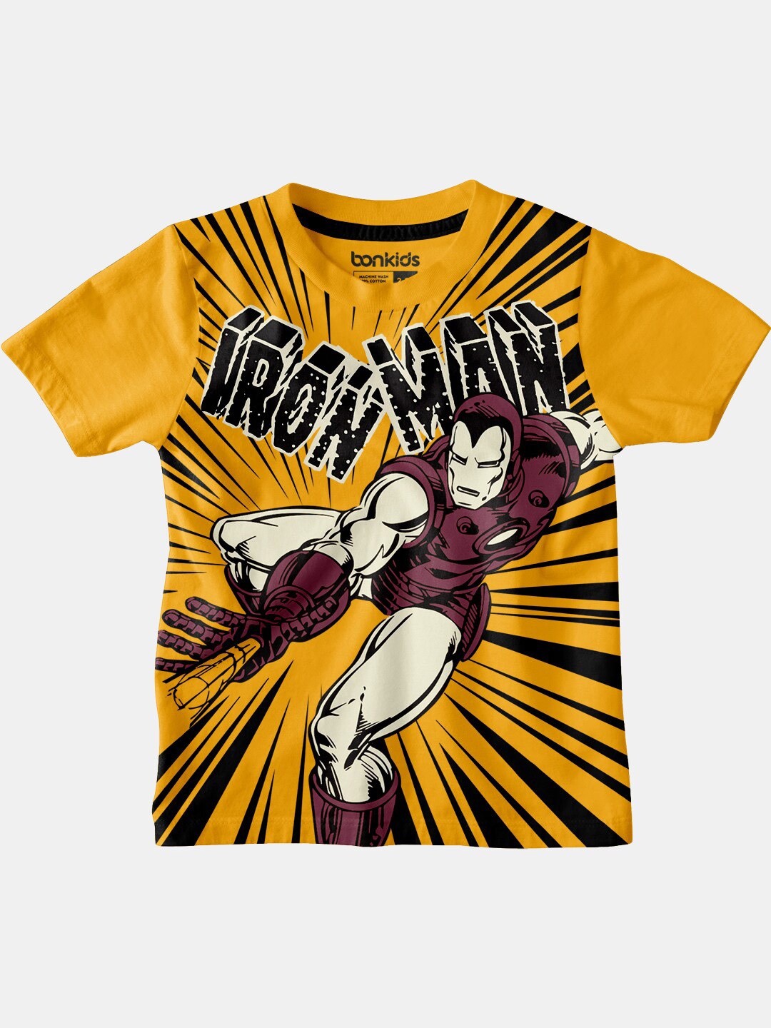 

BONKIDS Boys Mustard Yellow Iron Man Printed V-Neck Applique T-shirt
