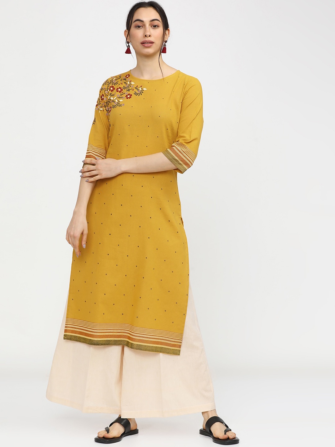 

Vishudh Women Yellow Geometric Embroidered Mirror Work Kurta