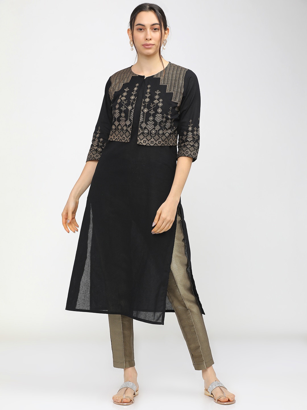 

Vishudh Women Black & Beige Cotton Kurta With Jacket