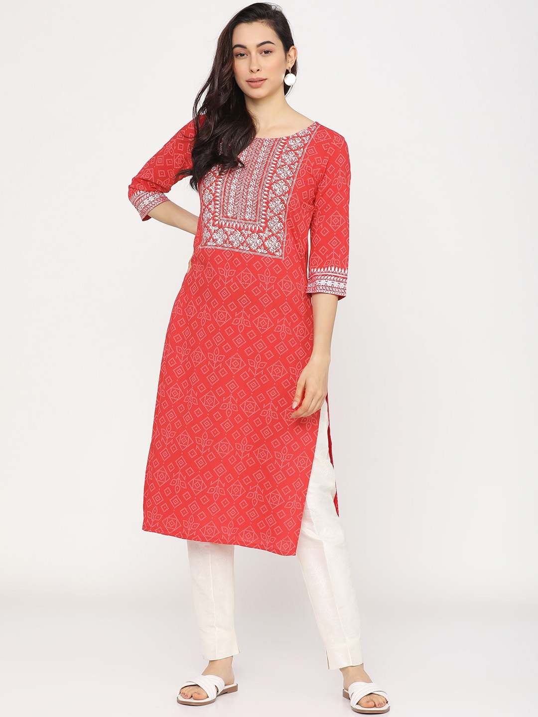 

Vishudh Women Red & White Bandhani Printed Kurta