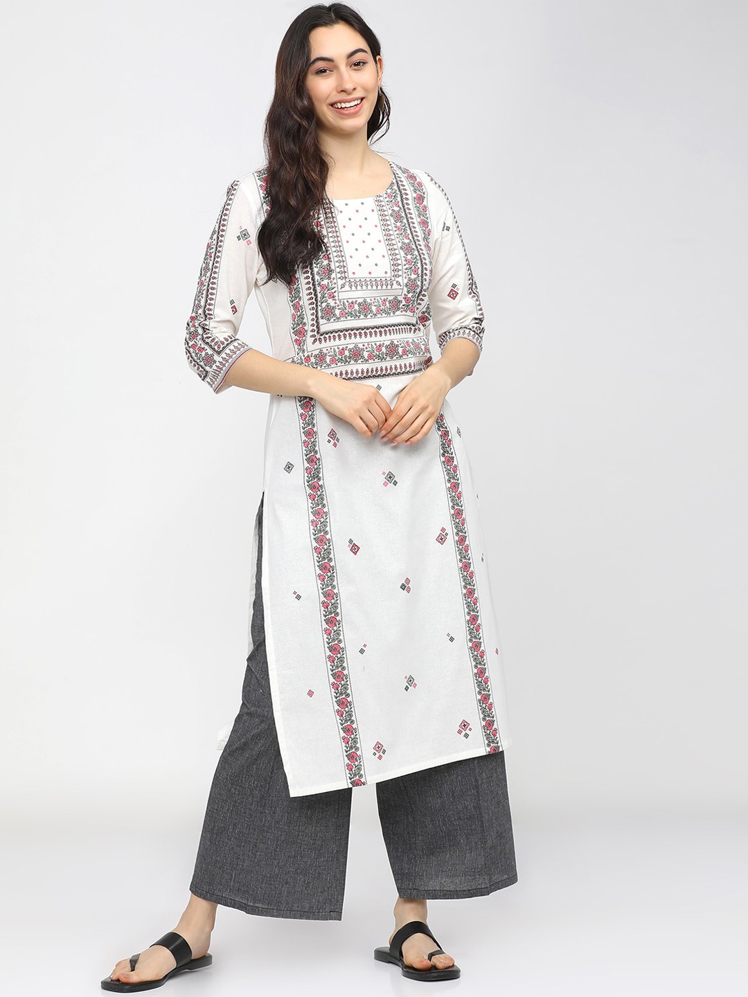 

Vishudh Women Off White Embroidered Cold-Shoulder Sleeves Mirror Work Kurta