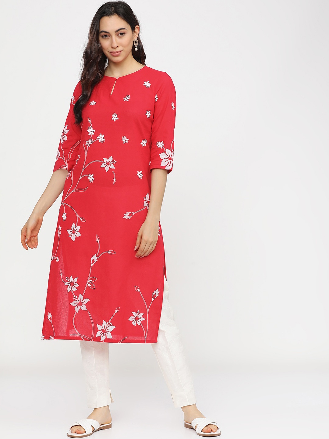 

Vishudh Women Red & White Printed Keyhole Neck Cotton Kurta