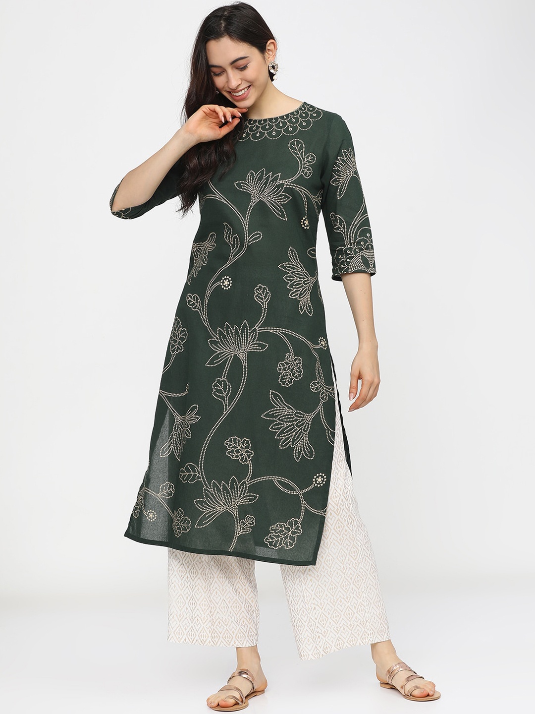 

Vishudh Women Green Ethnic Motifs Printed Keyhole Neck Kurta