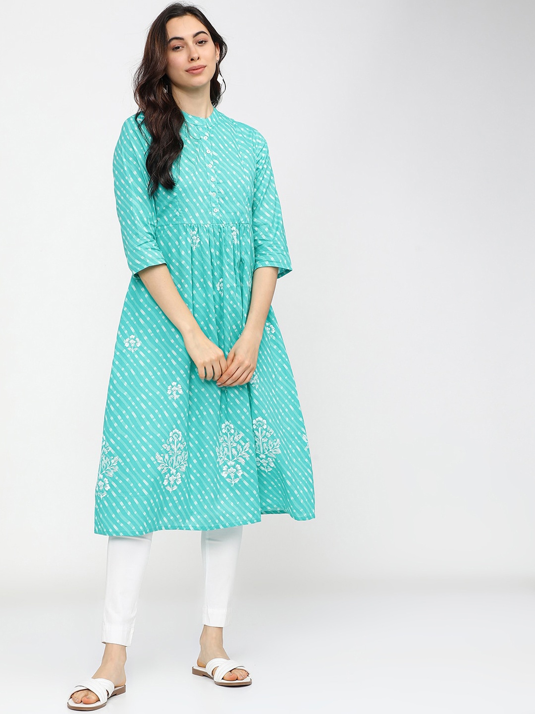 

Vishudh Women Blue Bandhani Printed Flared Sleeves Thread Work Anarkali Kurta