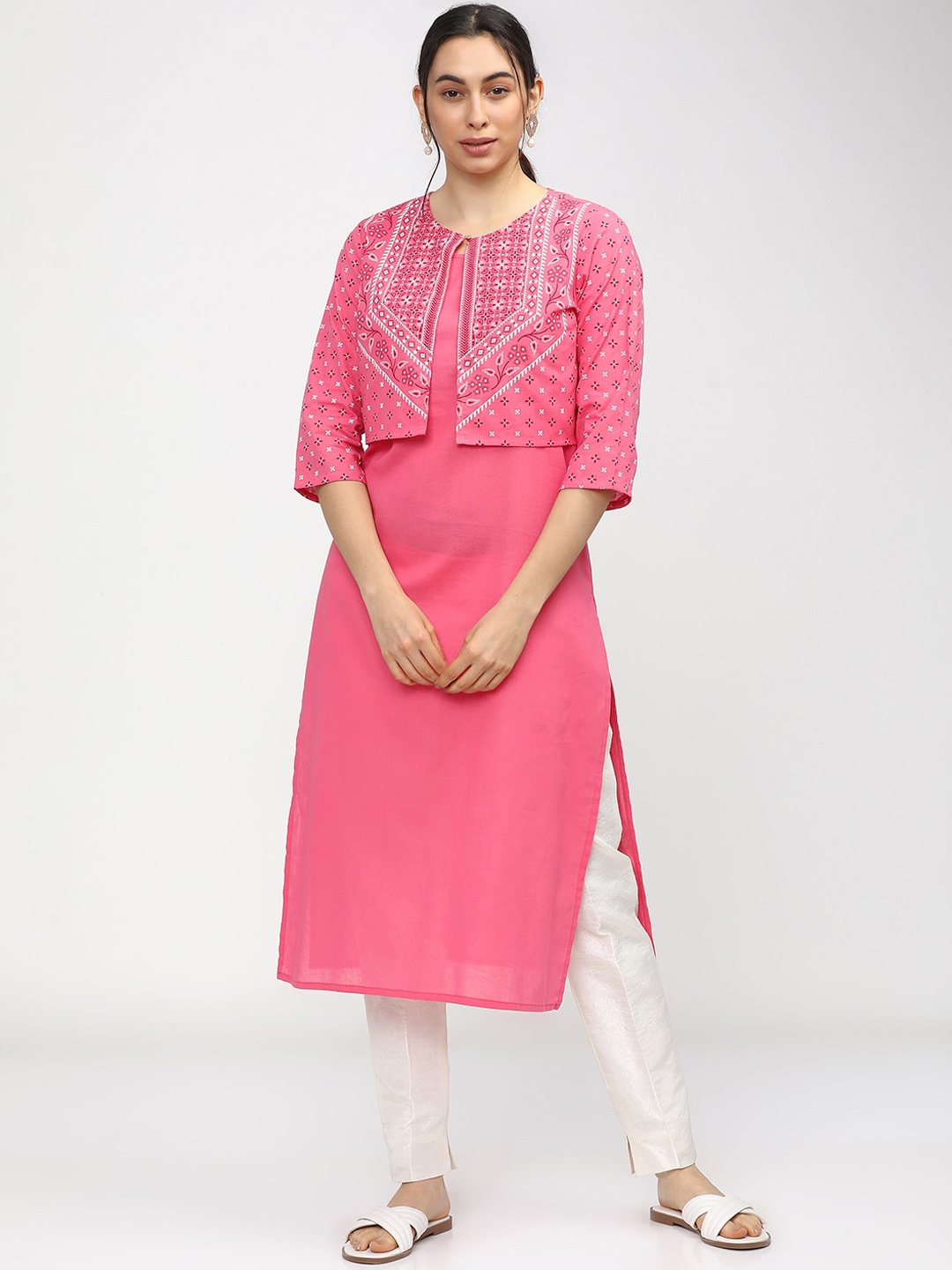 Vishudh Women Pink Geometric Embroidered Keyhole Neck Mirror Work Kurta