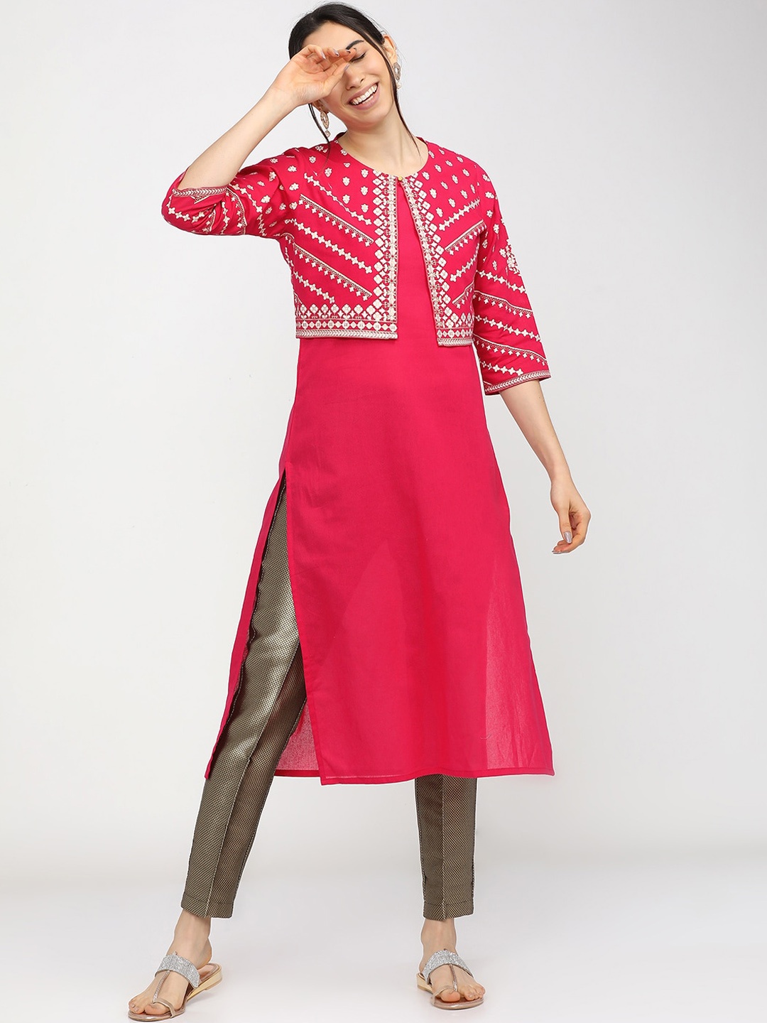 

Vishudh Women Pink Ethnic Motifs Yoke Design Gotta Patti Kurta