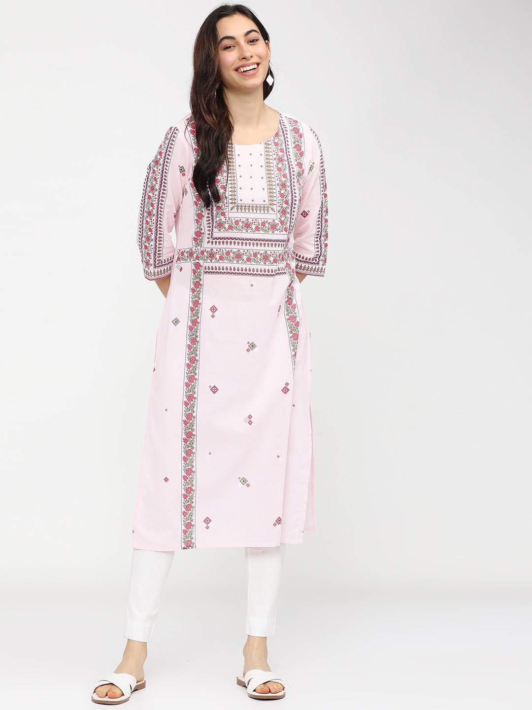 

Vishudh Women Pink & Green Ethnic Motifs Printed Cotton Kurta