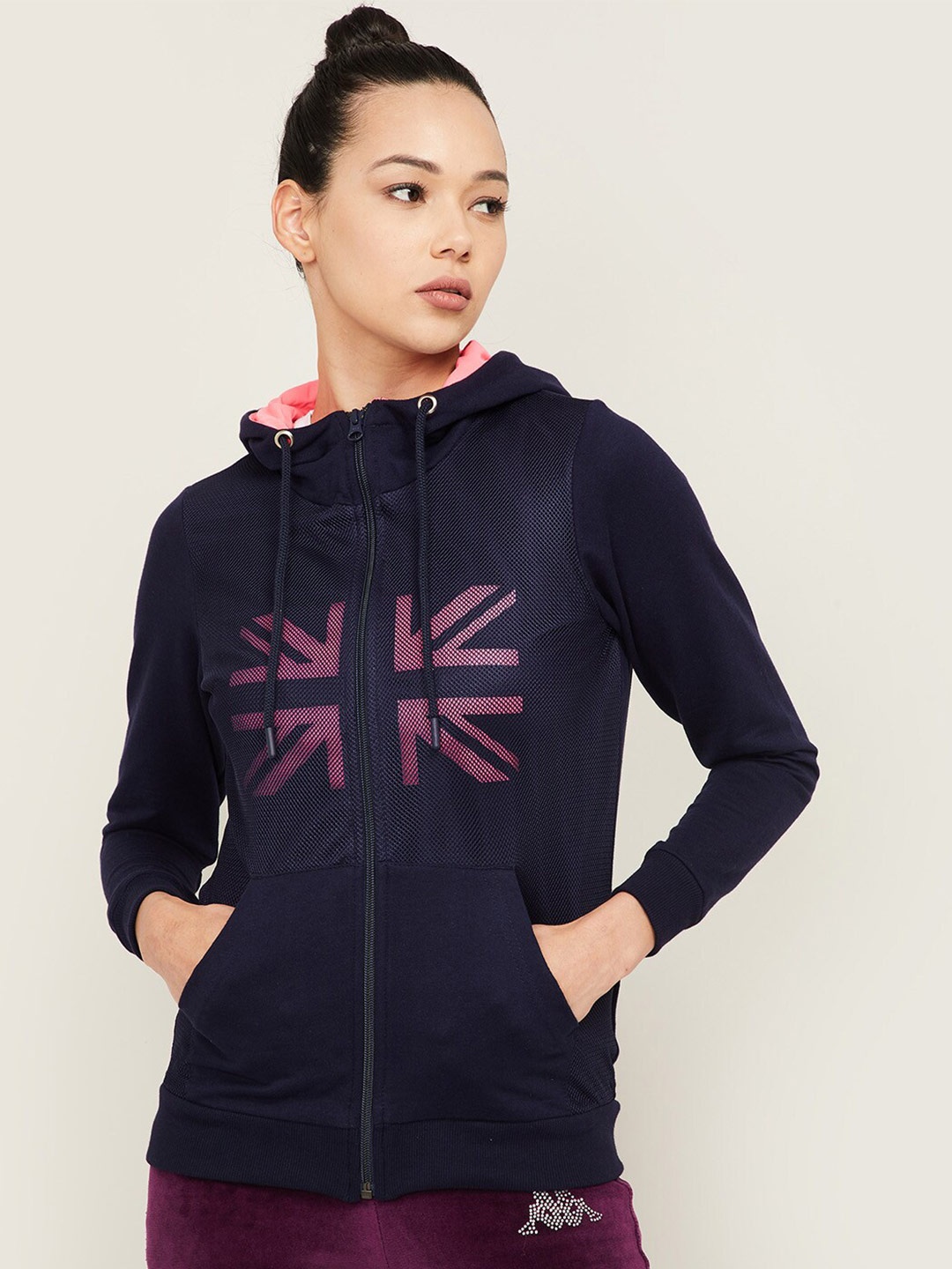 

Kappa Women Navy Blue Printed Hooded Sweatshirt