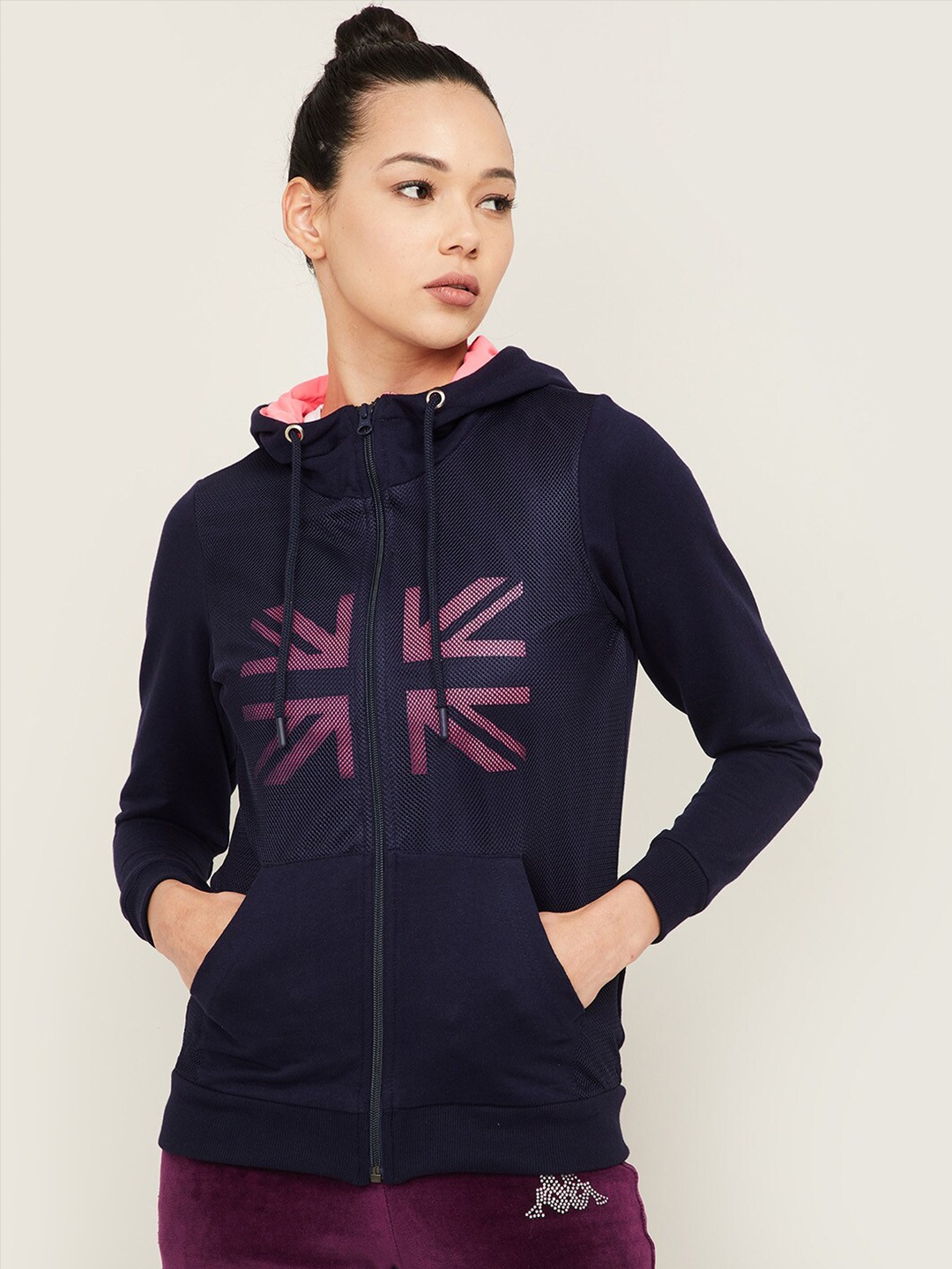 

Kappa Women Navy Blue Printed Hooded Sweatshirt