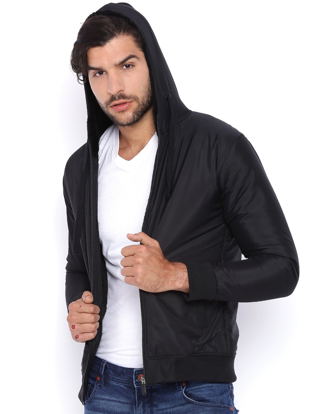 

Campus Sutra Black Hooded Bomber Jacket