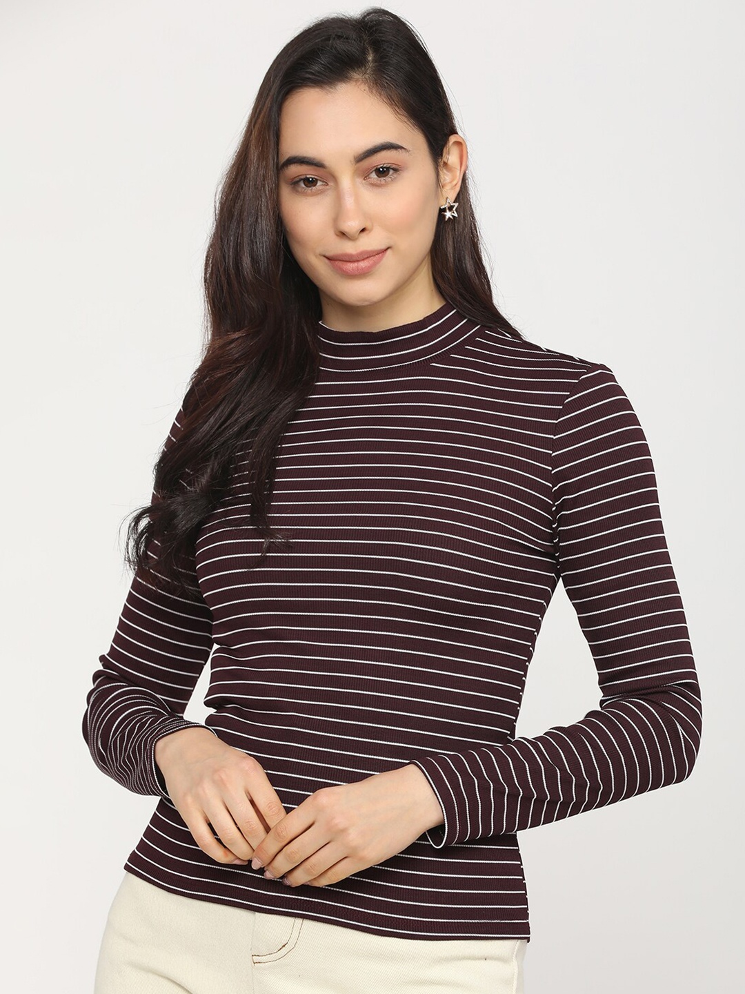 

Tokyo Talkies Maroon & White Striped Regular Top