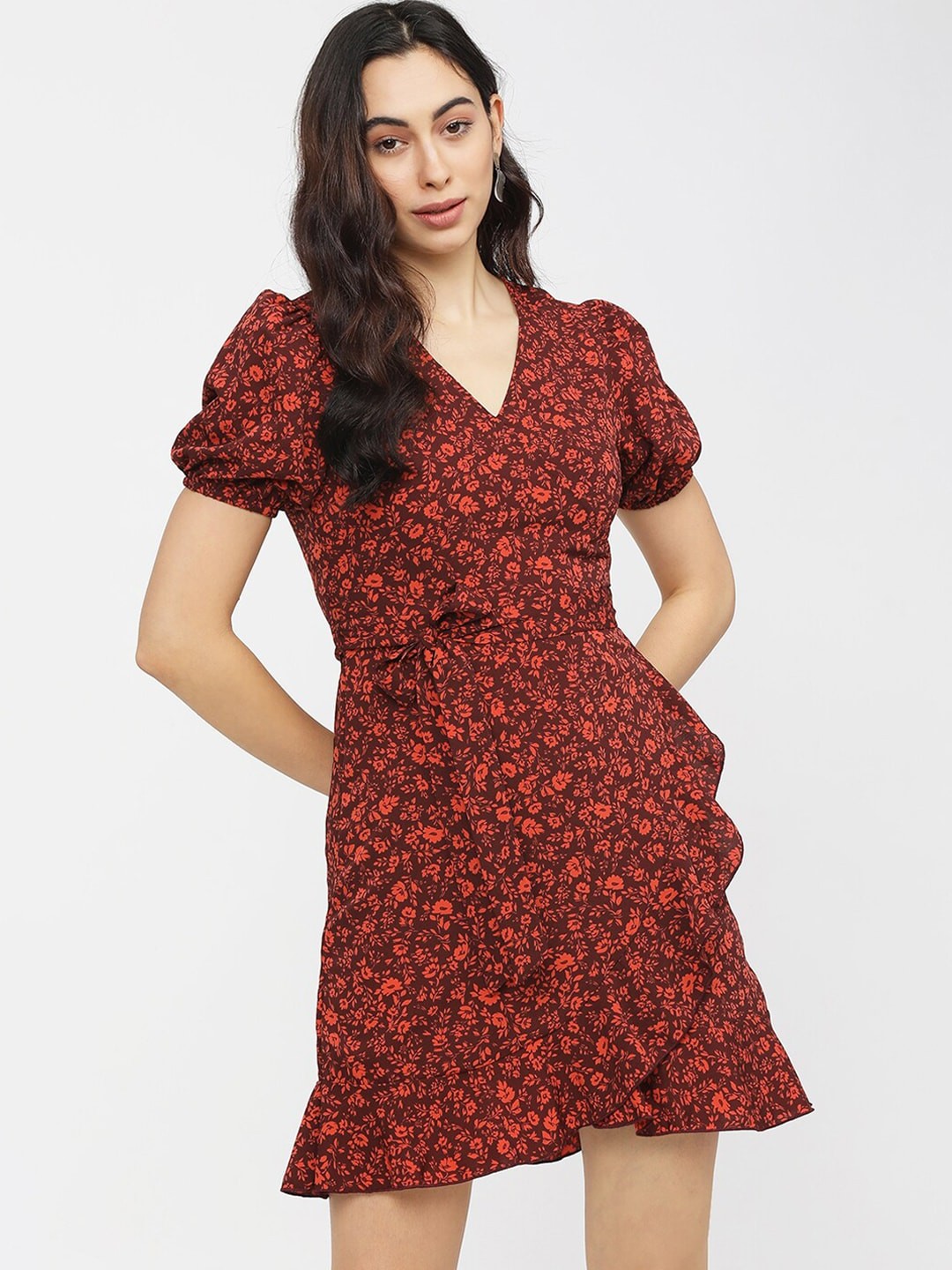 

Tokyo Talkies Women Rust Floral Printed Wrap Dress