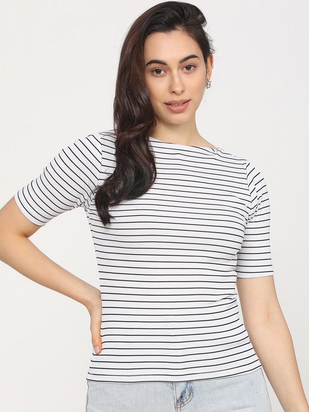 

Tokyo Talkies White & Black Striped Regular Top
