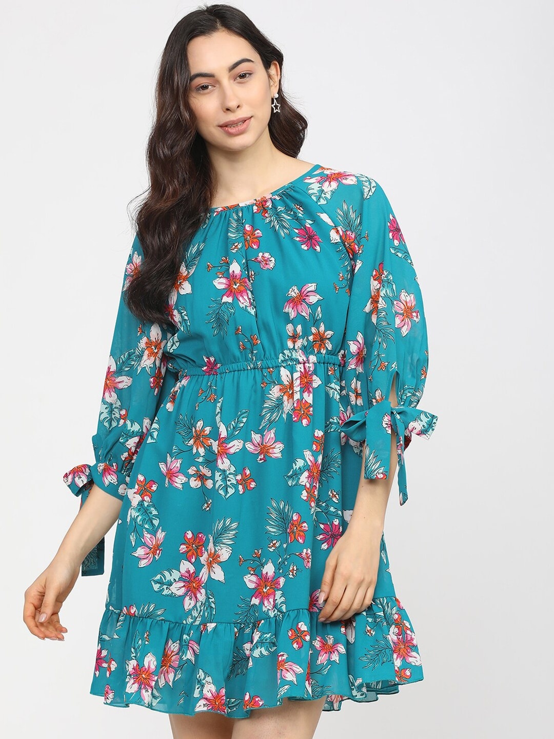 

Tokyo Talkies Turquoise Blue Floral Tie-Up Neck Crepe Dress