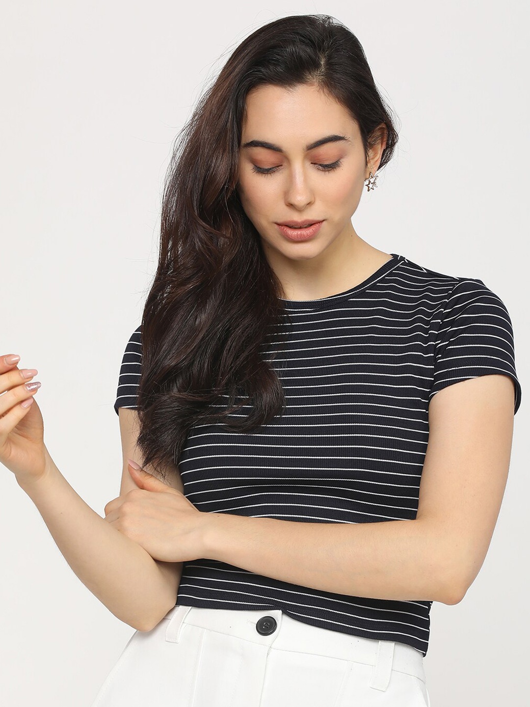 

Tokyo Talkies Navy Blue Striped Regular Top