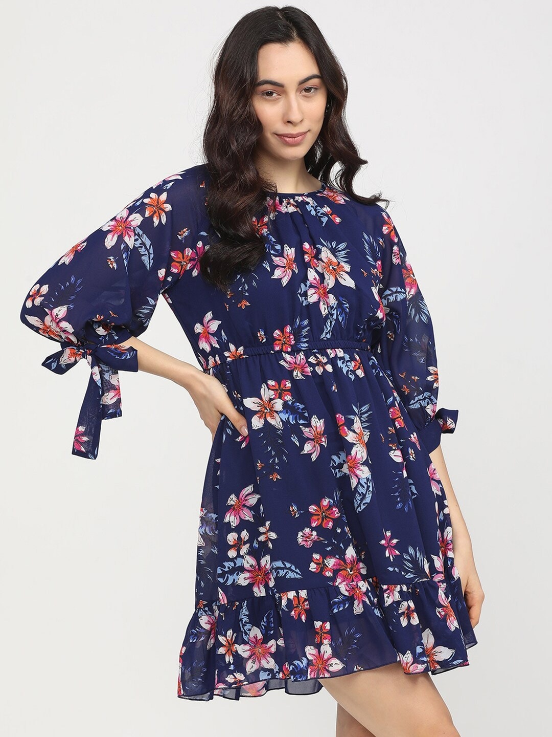 

Tokyo Talkies Women Navy Blue & Pink Floral Printed Crepe Dress