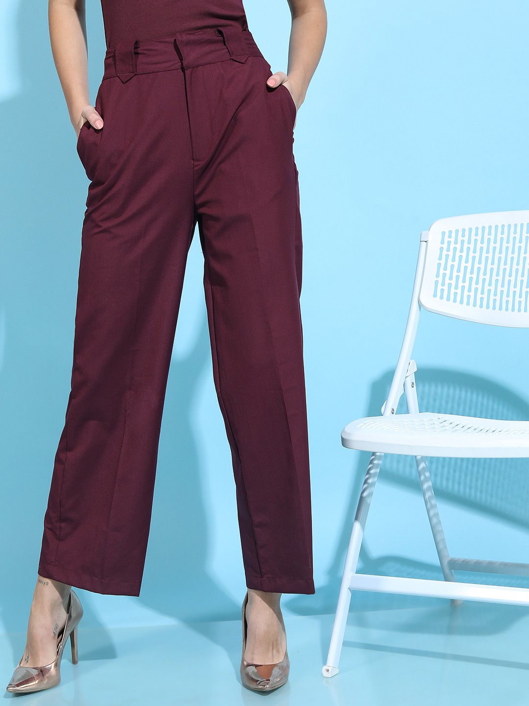 

CHIC BY TOKYO TALKIES Women Burgundy Flared Parallel Trousers