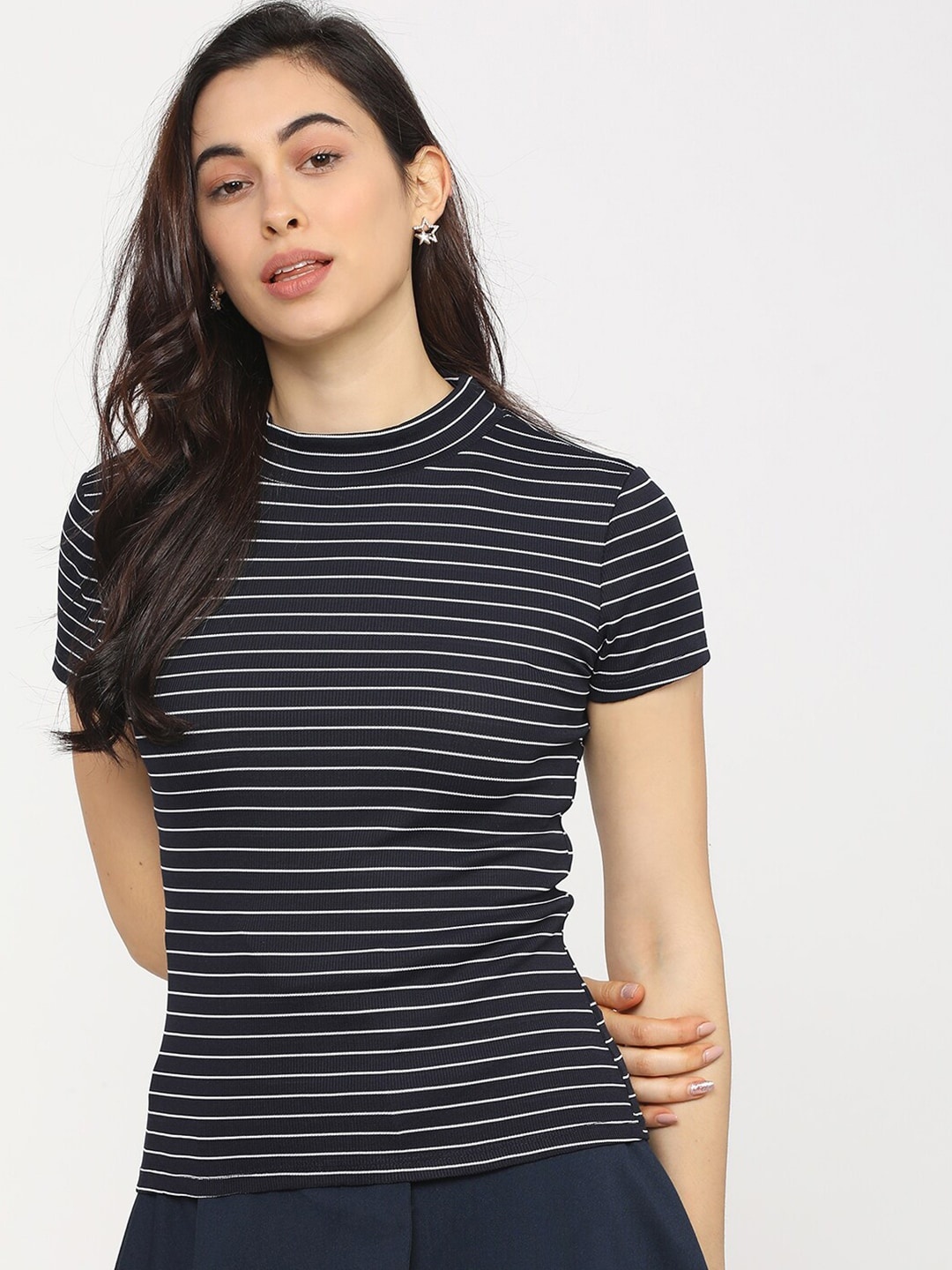 

Tokyo Talkies Navy Blue Striped Regular Top